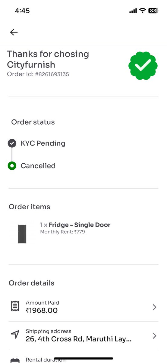 ayushij2101's tweet photo. @Cityfurnish1 are you guys really fooling us ? 
we ordered fridge for rent, I opted for cancellations because I dont want to provide my salary details. The office you have mentioned for bangalore is not existing. There is no confirmation of my refund !! #scam #fake #ScamAlert https://t.co/DnINk9szxo