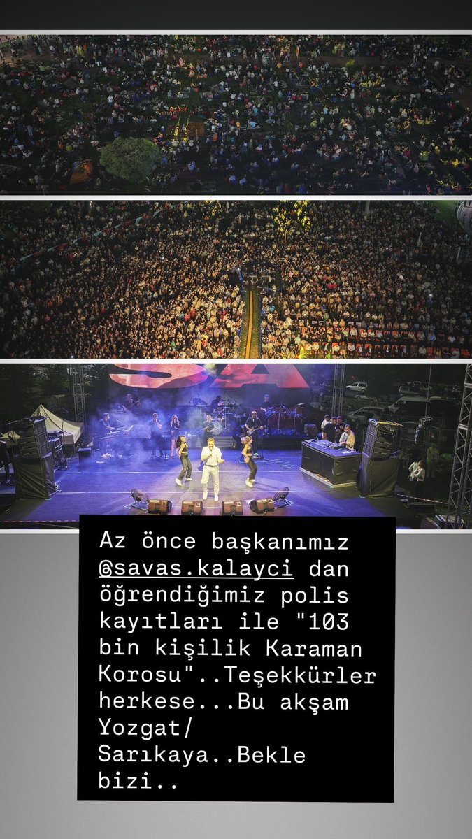 Başkanımız <a href="/kalayci_savas/">Savaş KALAYCI 🇹🇷</a> dan aldığımız polis rakamları ile "103 bin kişilik KARAMAN korosu"..Türk dünyası şöleninde emeği geçen herkesi kutlarım..Bu akşam yeni bir rekor için Yozgat/SARIKAYA❤️bekle...