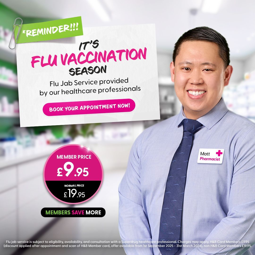 Your reminder to get your Flu Vaccination service appointment booked in ASAP to ensure you help protect yourself this Winter ❄️  Search Superdrug Flu to secure yours buff.ly/a3RquME