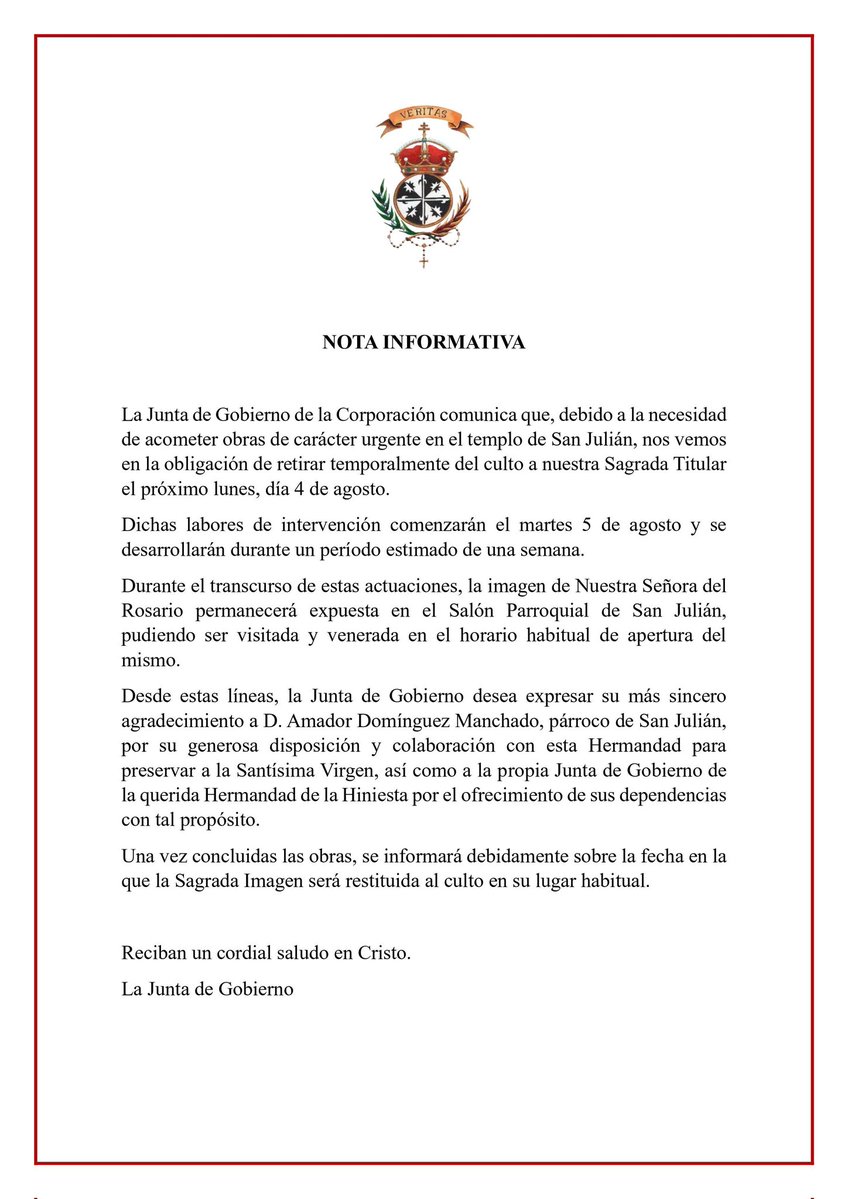 Estandarte de Sevilla (@estandartedesev) on Twitter photo 🟢 #EstandarteDS | La junta de gobierno del <a href="/Rosario_SJ/">Santísimo Rosario</a> comunica que, debido a la necesidad de acometer obras de carácter urgente en el templo de San Julián, su Titular será retirada al culto el próximo lunes, día 4 de agosto; dichas labores de intervención comenzarán el martes 5 🟢 #EstandarteDS | La junta de gobierno del <a href="/Rosario_SJ/">Santísimo Rosario</a> comunica que, debido a la necesidad de acometer obras de carácter urgente en el templo de San Julián, su Titular será retirada al culto el próximo lunes, día 4 de agosto; dichas labores de intervención comenzarán el martes 5