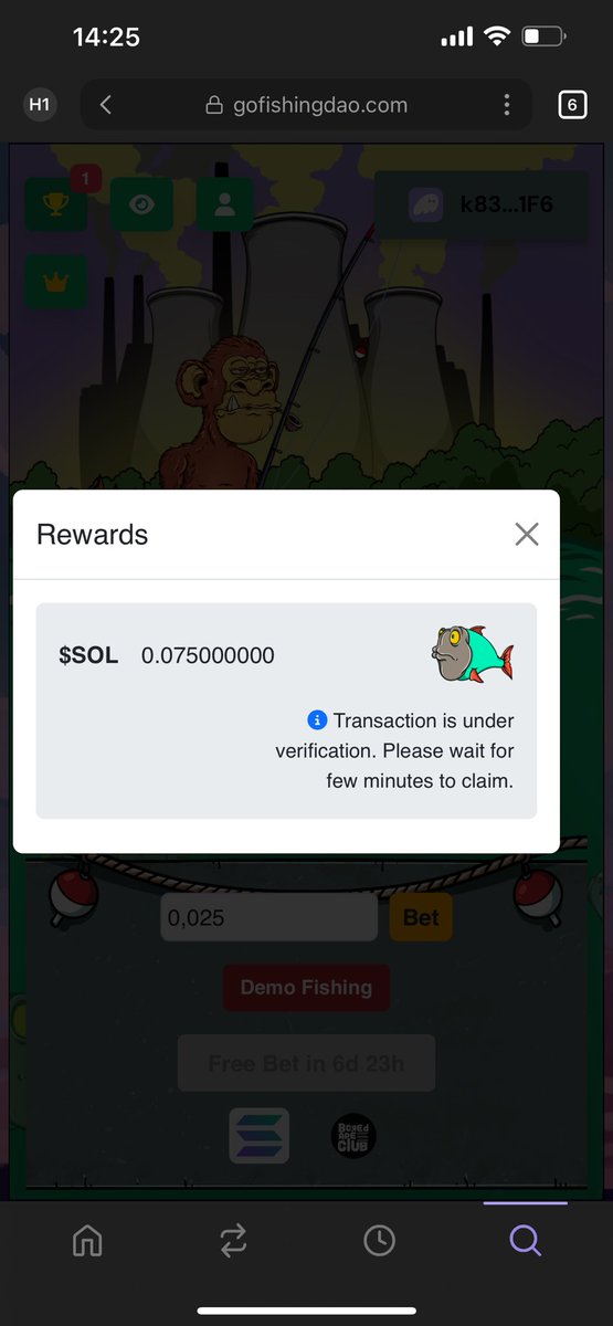 I bought an fisherman cloth mutant for 0.15 sol and it gave me weekly free spin for gofishingdao.com by <a href="/MutantsOnSol/">MutantsOnSolClub</a> 

And at first free spin I won 0.075sol back it’s crazy ❤️❤️❤️🫶🏼