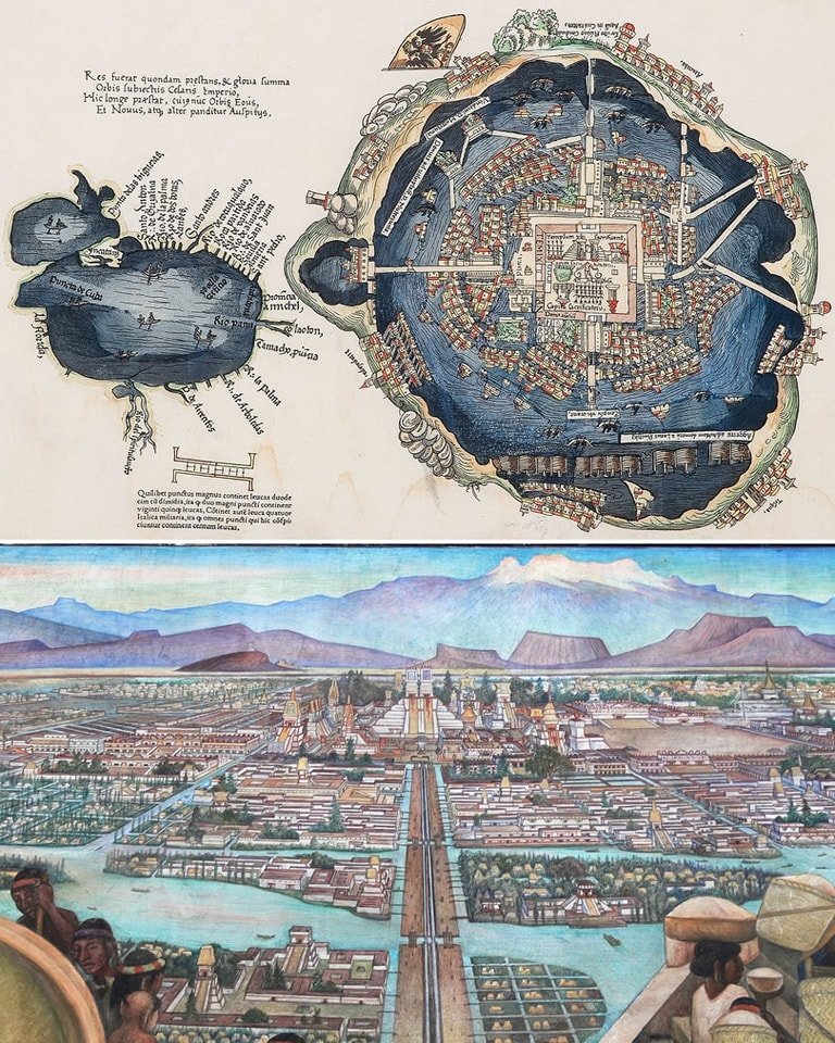 archeohistories's tweet photo. The 1524 map of Tenochtitlan, published in Europe, a significant depiction of the Aztec capital, likely based on sketches by Hernán Cortés and indigenous sources. This map, appearing in Venice and Nuremberg, showcases the city's layout, including its temples, palaces, canals, and causeways, while also referencing Aztec practices like human sacrifice.... 

The map of Tenochtitlan, published in 1524 AD, one of the earliest European visual representations of the Aztec capital. It was included in a letter written by Hernán Cortés to the Holy Roman Emperor, Charles V, and gave Europeans their first glimpse of the magnificent city. The map depicts a city of remarkable urban planning, built on an island in the middle of Lake Texcoco and connected to the mainland by causeways. It shows the city's grid-like layout, its temples, and the central ceremonial precinct, providing a visual testament to the awe-inspiring sophistication that Cortés and his men described.

In stark contrast, Diego Rivera's 1945 mural, "The Great City of Tenochtitlan," offers a vibrant, indigenous perspective of the same city before the Spanish conquest. As part of his larger work "Epic of the Mexican People" at the National Palace in Mexico City, Rivera's mural is a powerful piece of historical and political art. It depicts Tenochtitlan as a bustling, thriving metropolis filled with market scenes, agricultural activities, and a flourishing cultural and religious life. Rivera's work aims to reclaim the pre-Hispanic history of Mexico, portraying the Aztec capital not just as a marvel of engineering, but as the heart of a complex and rich civilization that was tragically destroyed.

Together, the 1524 map and the 1945 mural provide two distinct yet complementary views of Tenochtitlan. The map, while a tool of a conqueror, highlights the city's impressive structure and organization. The mural, created centuries later by a Mexican artist, celebrates the life, culture, and power of the civilization that built it. Both works underscore the scale of the city that left the Spanish so astounded they questioned if they were "dreaming."

#archaeohistories