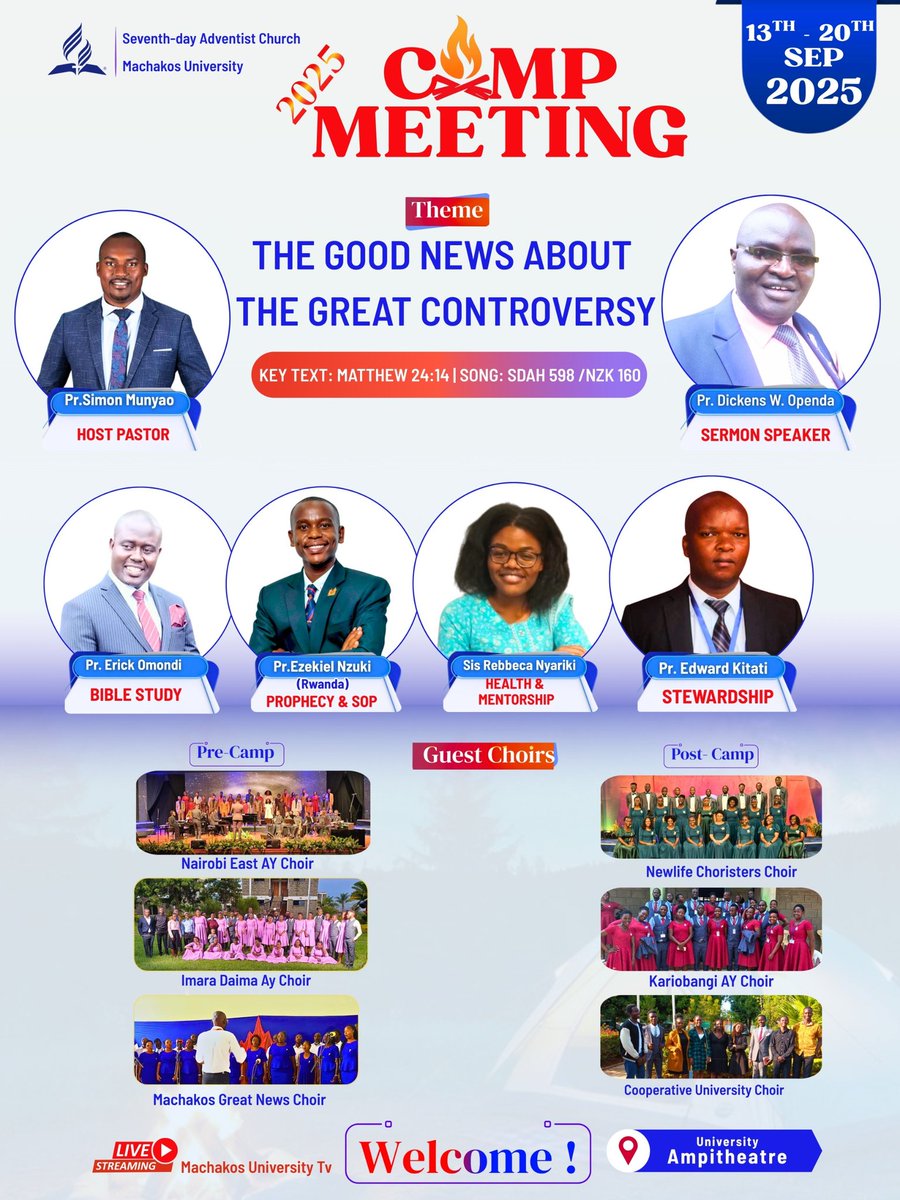 MKSUSDA's tweet photo. 🎉 Upcoming: Machakos University SDA Camp Meeting 2025

“In every generation God has sent His servants to rebuke sin and reveal truth.” – EGW, GC p. 606

🔥 Don’t miss out—plan to attend or tune in live!

#Campmeeting2025 #TheGreatControversy https://t.co/Iwwv9Tm6Wn