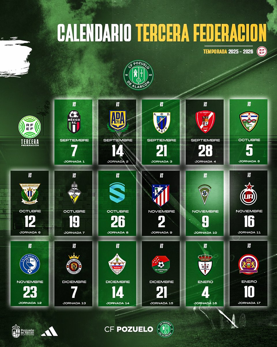 🗓️ ¡Ya tenemos calendario para esta nueva temporada en Tercera RFEF!

🏠 Empezaremos el 7 de septiembre en casa 🆚 <a href="/CMexicoFC/">Mexico F.C.</a>

Para también terminar en el Valle 🆚 <a href="/CDFTRESCANTOS/">Tres Cantos CDF ®</a>

¡Deseando afrontar ya el reto! 🔥

💚🤍 #FamiliaVerde #DueñosDeUnaPasion