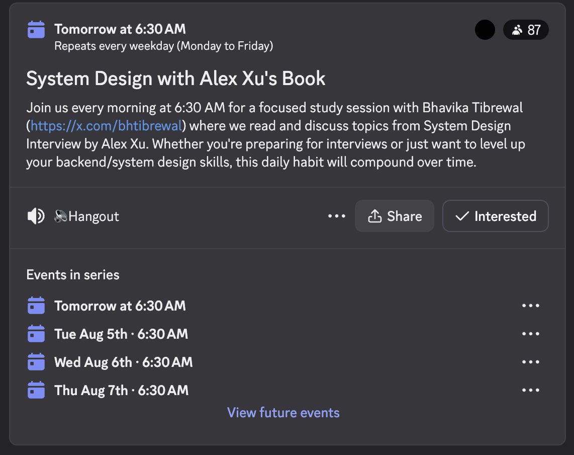 Bhavika Tibrewal (@bhtibrewal) on Twitter photo Will be reading Alex xu -system design book daily at 6:30am in the <a href="/TeamShiksha/">Team.Shiksha</a> server from 4thAug x.com/i/communities/…
Join me reading and learning along Will be reading Alex xu -system design book daily at 6:30am in the <a href="/TeamShiksha/">Team.Shiksha</a> server from 4thAug x.com/i/communities/…
Join me reading and learning along