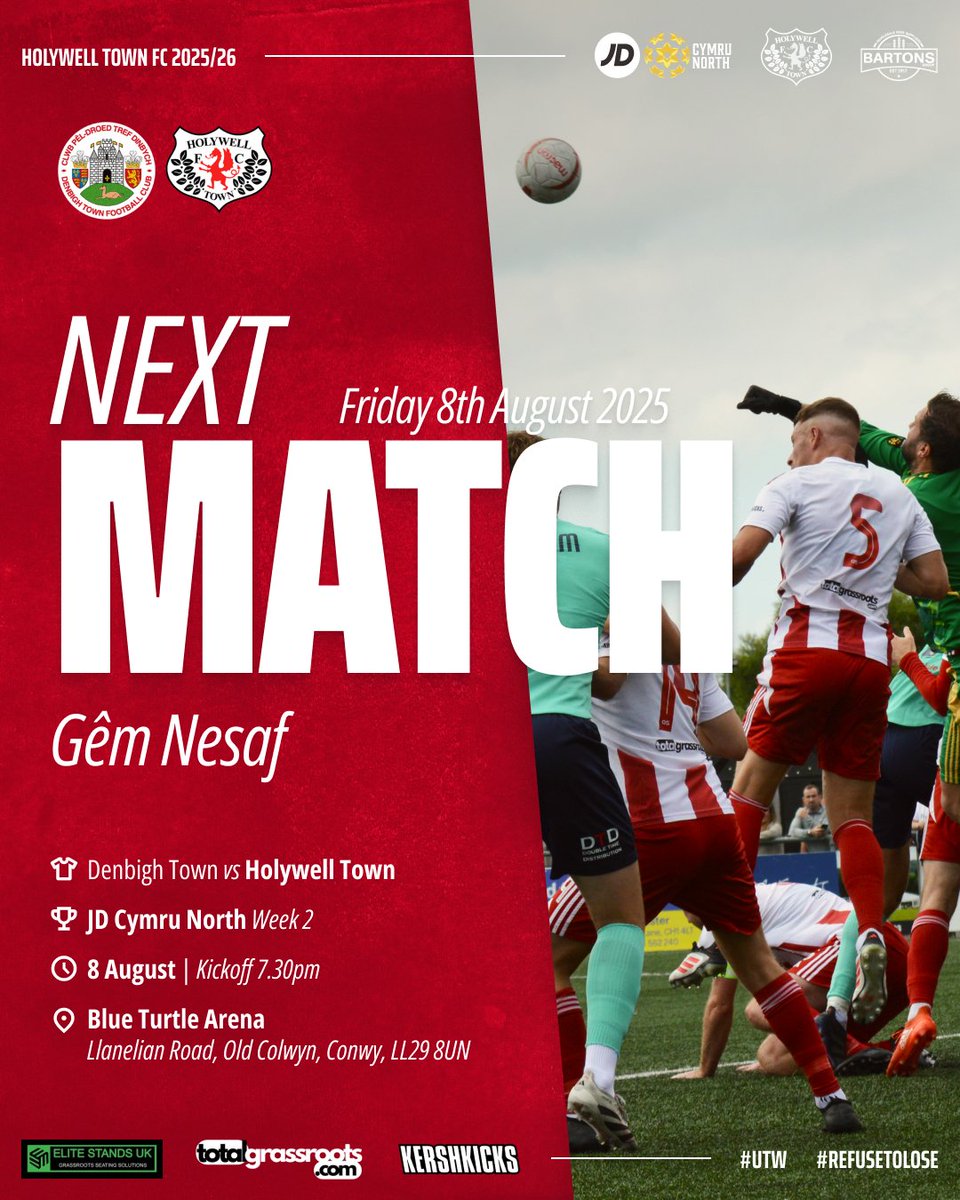 Holywell Town Football Club (@holywelltownfc) on Twitter photo Our next match comes in the Cymru North as we take on <a href="/DenbighTownFC/">Denbigh Town FC</a> this Friday night. Kick off is 7.30pm and most importantly, the game is being held at the Blue Turtle Arena, Colwyn Bay
<a href="/KershKicks/">KershKicks</a> <a href="/EliteStands/">Elite Stands</a> <a href="/totalgrassroots/">TotalGrassroots</a> <a href="/CymruLeagues/">JD Cymru Leagues π΄σ §σ ’σ ·σ ¬σ ³σ Ώ</a> Our next match comes in the Cymru North as we take on <a href="/DenbighTownFC/">Denbigh Town FC</a> this Friday night. Kick off is 7.30pm and most importantly, the game is being held at the Blue Turtle Arena, Colwyn Bay
<a href="/KershKicks/">KershKicks</a> <a href="/EliteStands/">Elite Stands</a> <a href="/totalgrassroots/">TotalGrassroots</a> <a href="/CymruLeagues/">JD Cymru Leagues π΄σ §σ ’σ ·σ ¬σ ³σ Ώ</a>