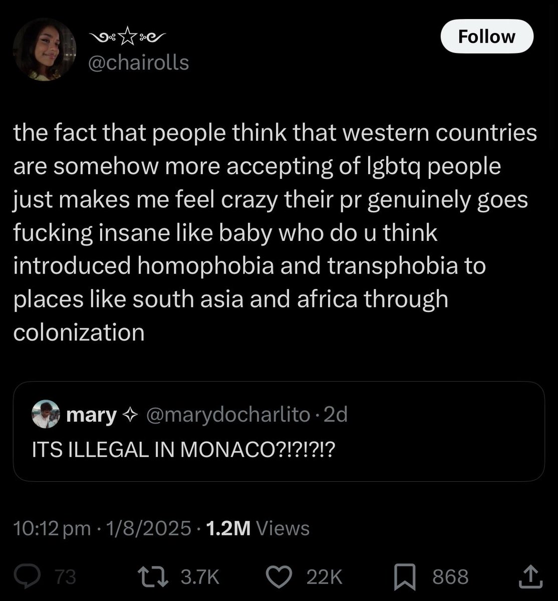 Amazing how many progressives have invented a weird parallel reality in order to square their understanding that homophobia is bad with their West-bad/non-West-good dichotomy