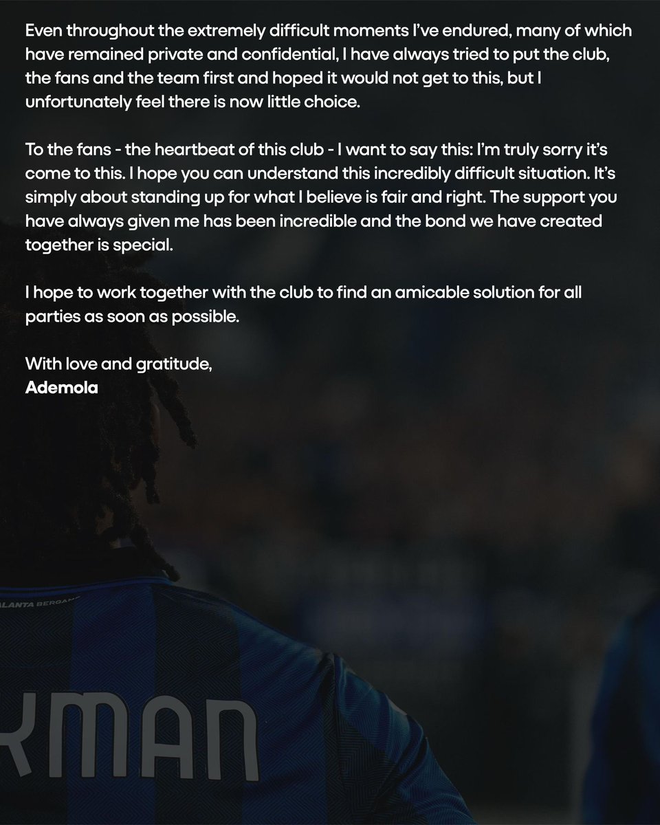 🚨🇳🇬 Breaking News: Ademola Lookman has released an official statement after handing in a transfer request.