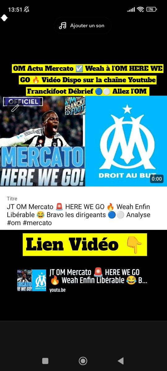 Franckifoot Debrief Officiel (@franckifoot13) on Twitter photo OM Actu Mercato ☑️ Weah à l'OM HERE WE GO 🔥 Vidéo Dispo sur la chaîne Youtube Franckifoot Débrief
👇 Allez l'OM ⚪🔵
youtu.be/0tQwvrItUhQ?si…
<a href="/OM_Officiel/">Olympique de Marseille</a> <a href="/MedhiBenatia/">MBenatia5</a> <a href="/GeorgeWeahOff/">George Weah</a> #TeamOM #OM #MercatOM #ligue1 OM Actu Mercato ☑️ Weah à l'OM HERE WE GO 🔥 Vidéo Dispo sur la chaîne Youtube Franckifoot Débrief
👇 Allez l'OM ⚪🔵
youtu.be/0tQwvrItUhQ?si…
<a href="/OM_Officiel/">Olympique de Marseille</a> <a href="/MedhiBenatia/">MBenatia5</a> <a href="/GeorgeWeahOff/">George Weah</a> #TeamOM #OM #MercatOM #ligue1