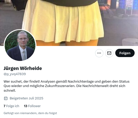 #AusAllenWelten
Da versucht jemand, meinen Account zu kopieren.
Bitte <a href="/p_yvq47839/">Jürgen Wörheide</a> melden!