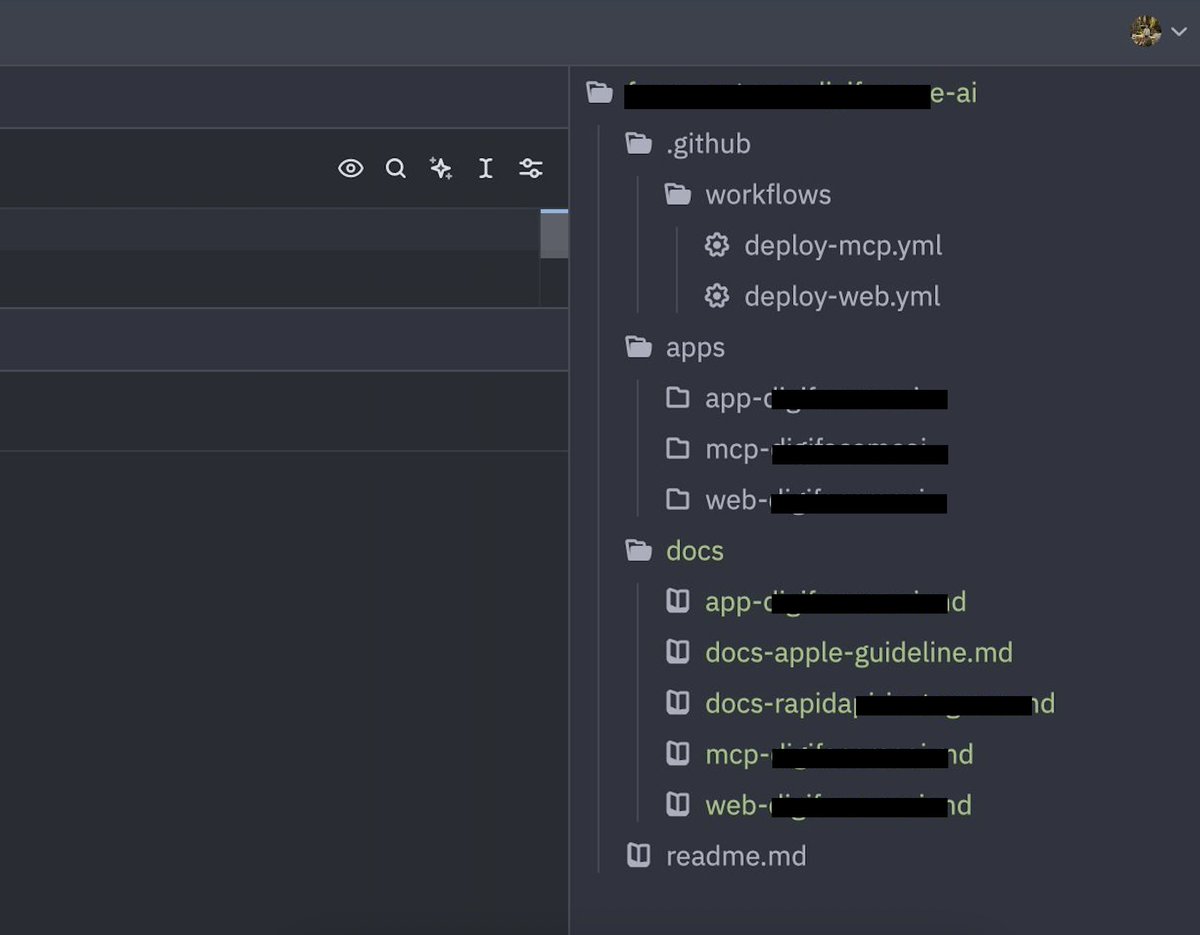 Bu gönderiyi görünce ben de şunu yazmak istedim. Benim gibi tek çalışanlar şöyle yapabilir.

/.github/workflows - Tüm CI/CD işleri.
/apps - Tüm projeler ayrı klasörlerde.
/docs - AI'ın okuması gereken dökümanlar

Böylece repo repo proje proje gezmiyorum. Dizin değiştirip Claude