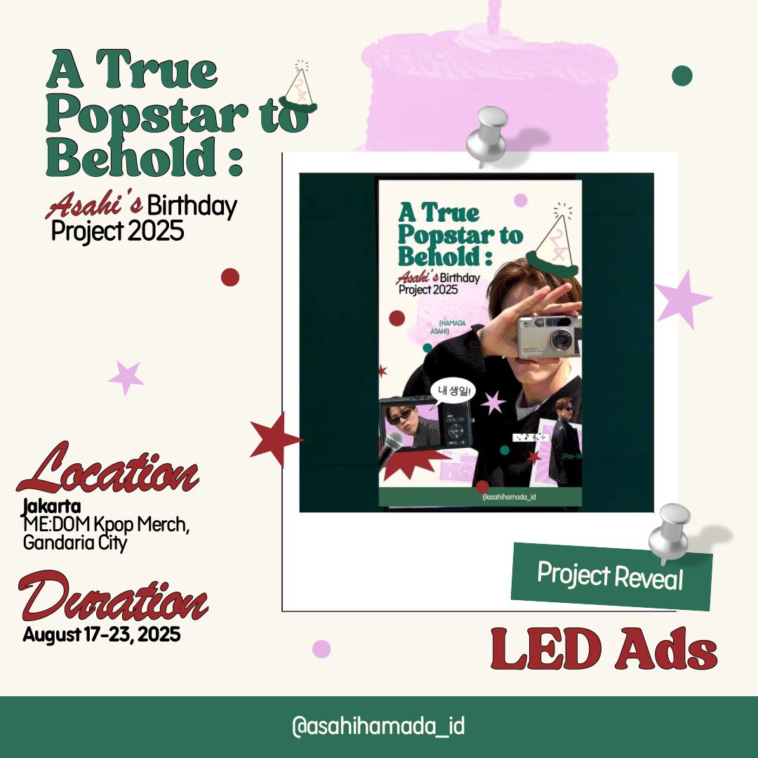 ⋆.˚✮𝘼 𝙏𝙍𝙐𝙀 𝙋𝙊𝙋𝙎𝙏𝘼𝙍 𝙏𝙊 𝘽𝙀𝙃𝙊𝙇𝘿:✮˚.⋆ 

2025 ASAHI'S BIRTHDAY PROJECT REVEAL

✨️LED ADS in Indonesia✨️

🗓️ 17 - 23 Agustus 2024
📍 Me:DOM Kpop Merch, Gandaria City

#TREASURE #트레저 #ASAHI #아사히 #朝光 #ATruePopstarAsahi <a href="/treasuremembers/">TREASURE</a>