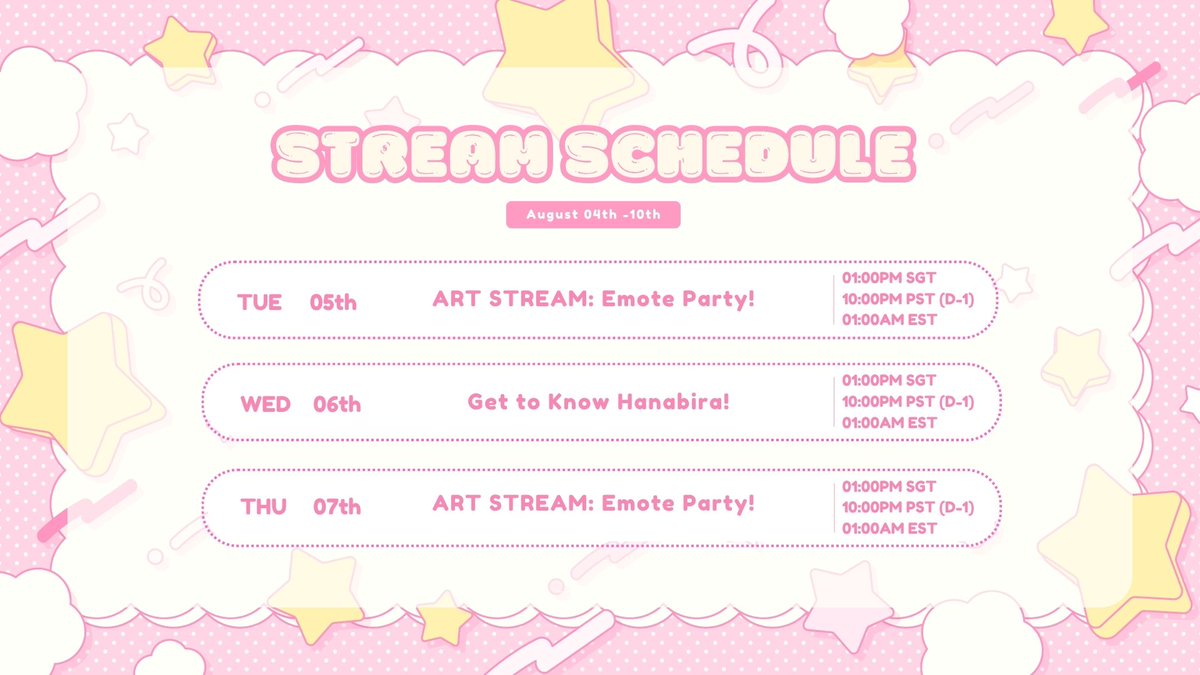 hanabiralily's tweet photo. STREAM SCHEDULE FOR #HANABIRTHDAY WEEK!

Let's spend time together while enjoying Emote Party and special comm discount (details in comment)🌸✨

I'm also accepting questions/ messages where I'll answer it on August 6th! ദ്ദി(˵ •̀ ᴗ - ˵ ) ✧  https://t.co/hPanZv352E https://t.co/I3fTR3VJGE