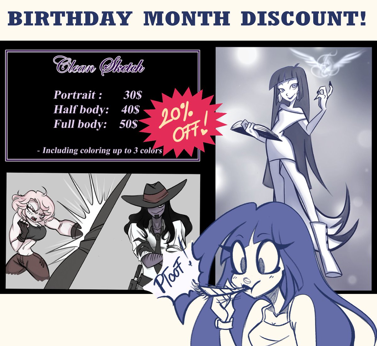 It's finally my birthday month, so that means...
CELEBRATE WITH ME! 🥰

For the whole month of August, everyone who gets a sketch commission from me receives 20% off their entire order!

DM me if interested 💝