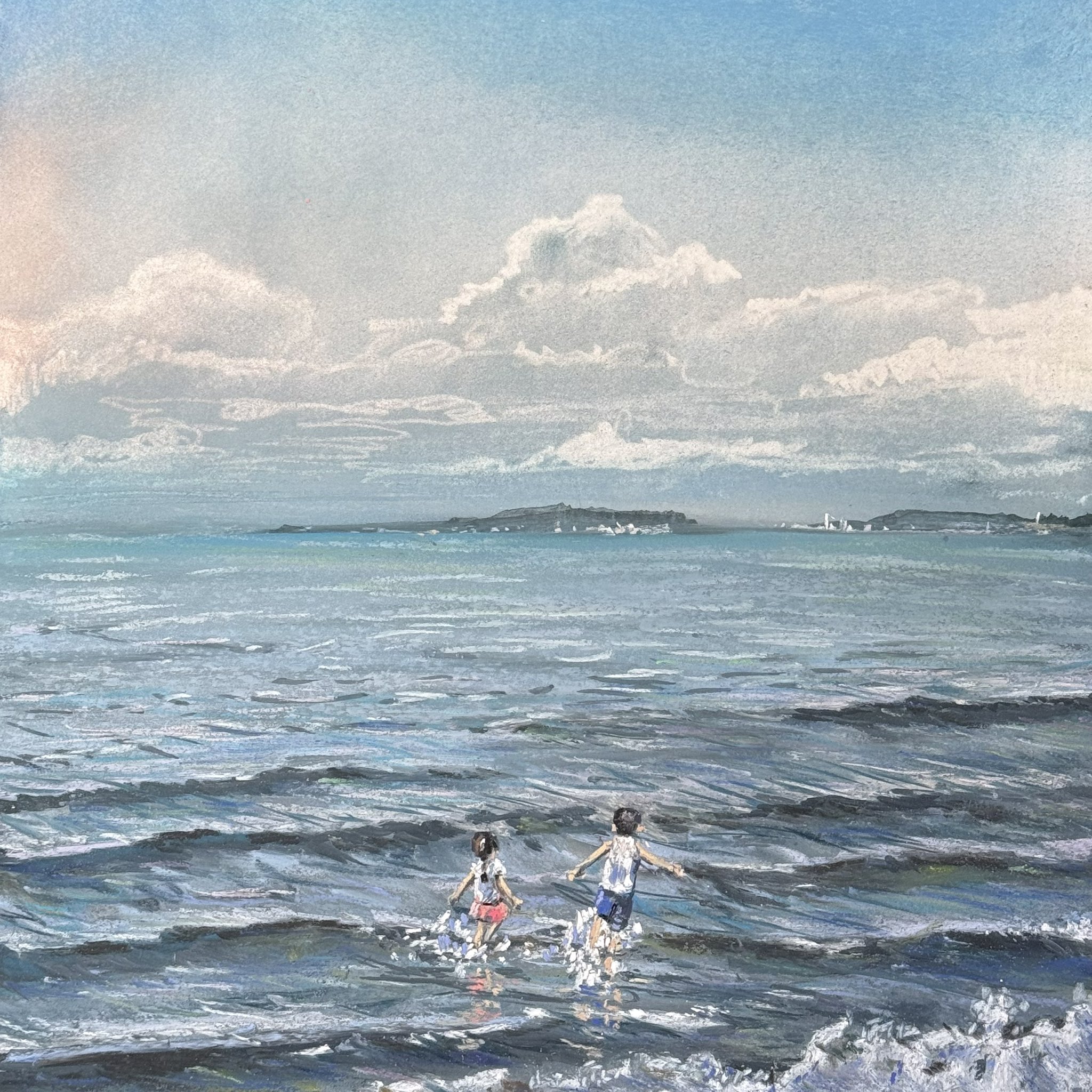 パステル画（原画）河のある風景・朝。 パステル画 ちいさな風景画〜6月の空（額付き パステル画） 絵画