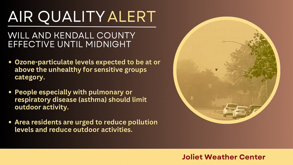 AIR QUALITY ALERT continues until midnight. Ozone particulate levels expected to be in the unhealthy for sensitive groups category. People with pulmonary or respiratory disease (asthma) should limit outdoor activity and everyone is encouraged to reduce pollution levels. #ilwx