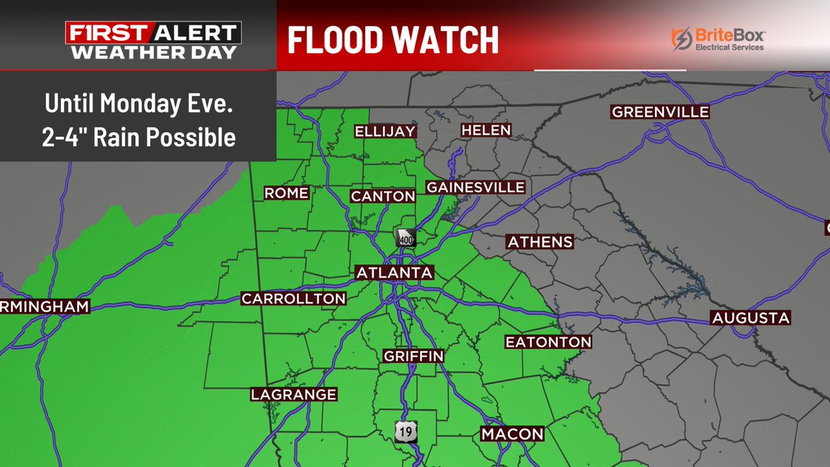 Wx_Isaac's tweet image. FLOOD WATCH issued for most of north and west-central Georgia until Monday evening. An additional 2-4&quot; of rain is possible in these areas.