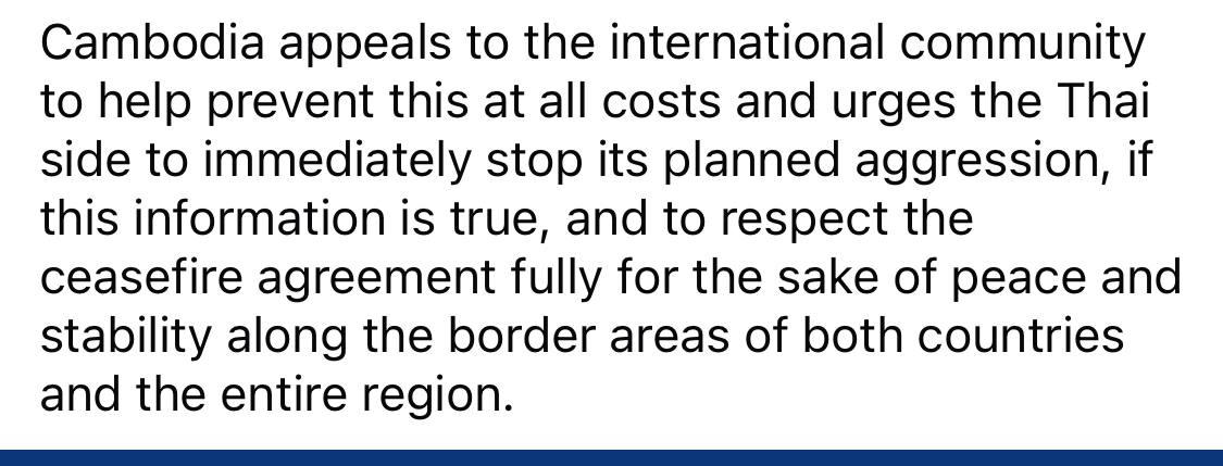 noansereiboth's tweet photo. The Spokesperson of the Cambodian Ministry of Defense stated that, according to information received at 10:49 a.m. this morning, the Thai military plans to launch attacks along the border from Tamone Thom, Ta Krabey, Preah Vihear, up to the Anseh area. Attacks expected soon. https://t.co/51PHPC2WYr