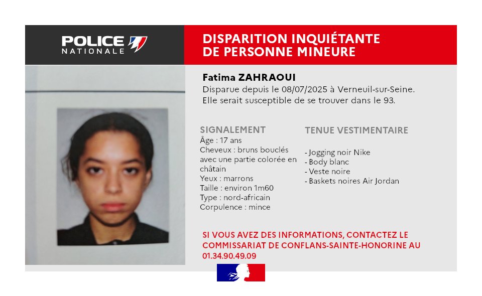 [#DisparitionInquiétante] 🔁 Merci de vos RT afin d'aider les enquêteurs de la #police des Yvelines à retrouver Fatima.