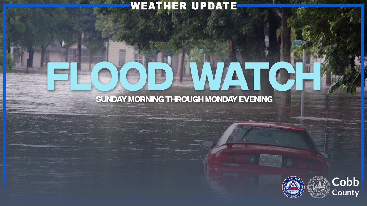 🌧 FLOOD WATCH IN EFFECT for Cobb County through Monday evening 🌧

Heavy rain could lead to flooding in rivers, creeks, and low-lying areas — especially in spots with poor drainage.

📲 Stay safe and informed — download the CobbGov app for real-time weather alerts and updates.