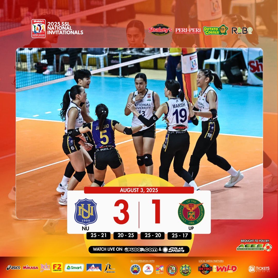 ShakeysLeague's tweet photo. The National University Lady Bulldogs wrapped up the Davao City leg of the Shakey’s Super League with a spotless record, defeating fellow UAAP squad, the UP Fighting Maroons, in four sets—25-21, 20-25, 25-20, 25-17.
#ShakeysSuperLeague #SSLDavao https://t.co/L42sqEoXCc