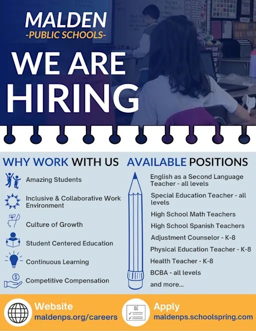 JennSpadafora's tweet image. Malden Public Schools is hiring!
Join a supportive, student-centered team with competitive pay &amp;amp; growth opportunities.

We’re hiring:
•ESOL
•Special Ed
•Math, Spanish, PE
•Counselors, BCBA &amp;amp; more!

🔗 maldenps.org/careers
📝 maldenps.schoolspring.com
#MPSJobs #EdJob