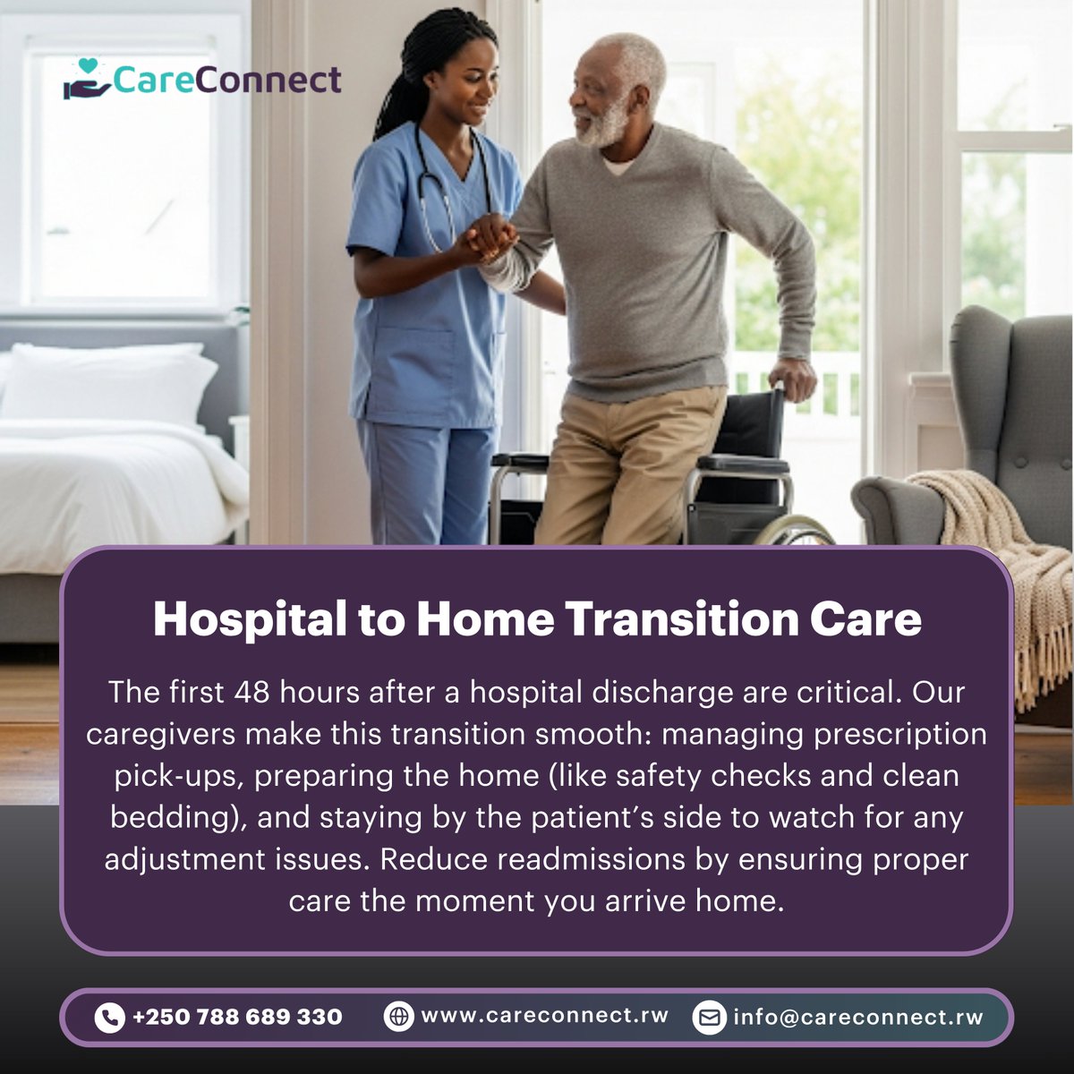 Careconnectrw's tweet photo. Leaving the hospital can be overwhelming – but you don’t have to do it alone. 🏡✨ We’ll get your homecoming ready and keep a close eye on recovery in those crucial early days. #TransitionCare #HomeRecovery #careconnect #Caregiver #carer https://t.co/BXnhVlNYZi