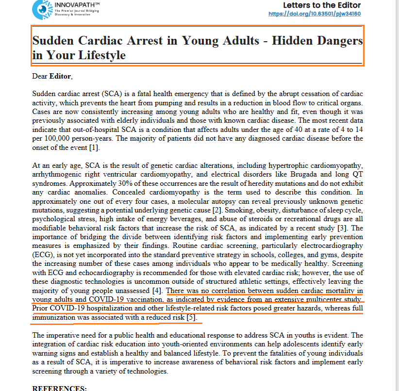 Sudden Cardiac Arrest in Young Adults - Hidden Dangers in Your Lifestyle

🔥Colleagues are waking up, YES!

➡️“Sudden cardiac arrest (SCA) is a life-threatening emergency defined by the abrupt loss of cardiac function, leading to cessation of blood flow to vital organs.”

A solid