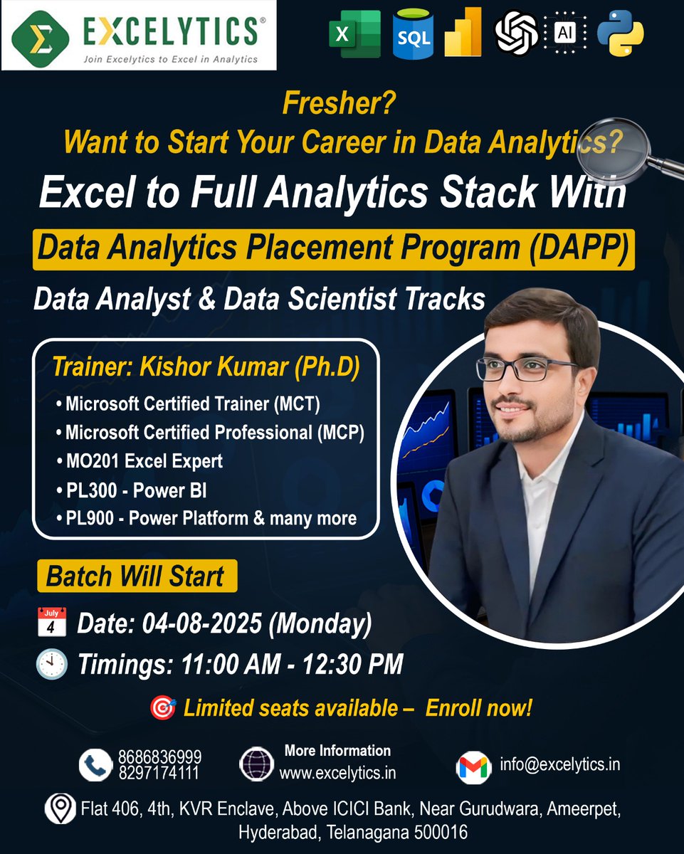 excelytics_info's tweet image. Hi,
Hope you are doing well, wanted to keep you posted that we have  session Data Analytics Placement Program (DAPP) on 04-Aug-2025 between 11:00AM-12:30PM by Mr. Kishor 

Registration Link : forms.gle/RroL7ozBU9acsL…

 Zoom Link : excelytics.info/B00715