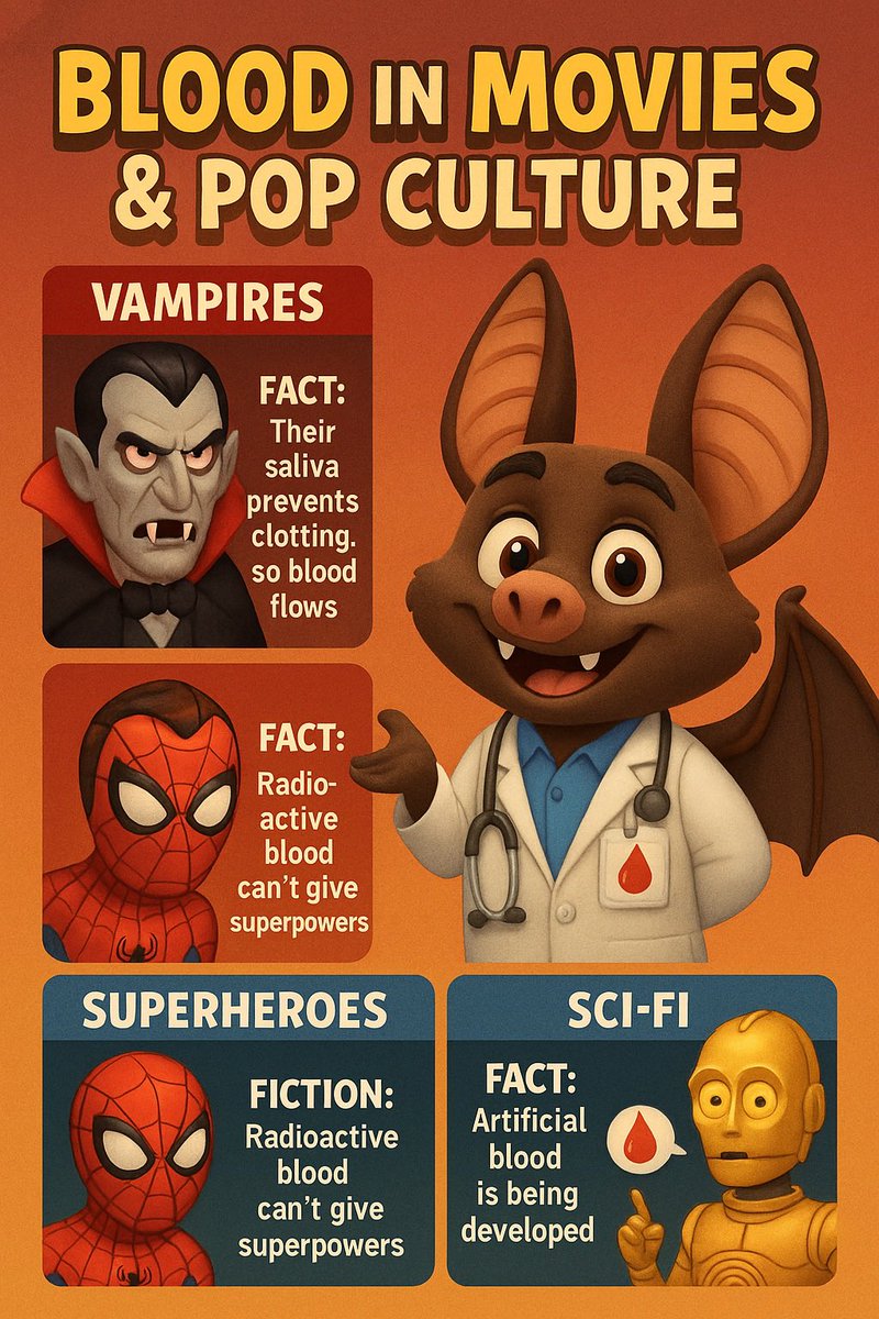 🎥 Blood in Film &amp; Pop Culture – Explained by BatDoc!
🦇💬 “Think you know blood? Let’s see what Hollywood has to say – and what’s actually true!”
 
🧛‍♂️ Vampires &amp; Bloodsuckers – The Myth
•Pop Culture: Vampires drink blood, live forever, and turn into bats by moonlight.
•Fact: