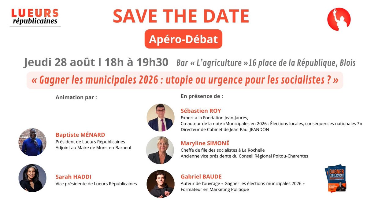 Baptiste Ménard 💬 (@baptistemenard) on Twitter photo 🔴 Notre club <a href="/LueursRep/">Lueurs Républicaines</a> s’invite aux #UEPS de #Blois !
🗓️ Avec <a href="/SarahHaddi/">Sarah Haddi</a>, nous vous donnons rdv le jeudi 28 août à 18h pour un #ApéroDébat : « Gagner les #Municipales2026 : utopie ou urgence pour les #socialistes ? » <a href="/marylinesimone/">Maryline Simoné</a> <a href="/sroyakaezl/">Sébastien Roy</a> <a href="/gabriel_baude/">Gabriel Baude</a> cc <a href="/j_jaures/">Fondation Jean-Jaurès</a> 🌹 🔴 Notre club <a href="/LueursRep/">Lueurs Républicaines</a> s’invite aux #UEPS de #Blois !
🗓️ Avec <a href="/SarahHaddi/">Sarah Haddi</a>, nous vous donnons rdv le jeudi 28 août à 18h pour un #ApéroDébat : « Gagner les #Municipales2026 : utopie ou urgence pour les #socialistes ? » <a href="/marylinesimone/">Maryline Simoné</a> <a href="/sroyakaezl/">Sébastien Roy</a> <a href="/gabriel_baude/">Gabriel Baude</a> cc <a href="/j_jaures/">Fondation Jean-Jaurès</a> 🌹