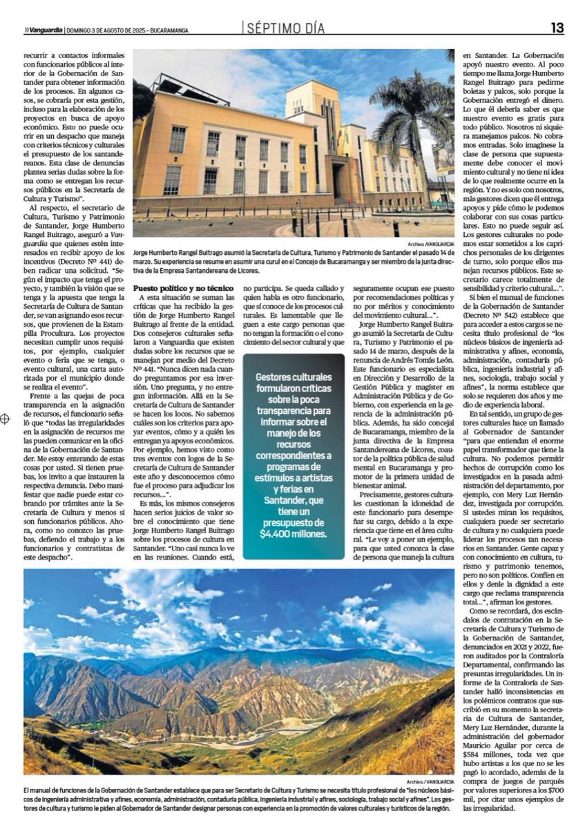 #Atención <a href="/vanguardiacom/">Vanguardia</a> denuncia hechos de corrupción y negligencia del secretario de Cultura, Turismo y Patrimonio de <a href="/GobdeSantander/">Gobernación de Santander</a> Jorge Humberto Rangel. Investigación de <a href="/Juancarl00s/">Juan Carlos Gutiérrez Tibamoso</a> 

vanguardia.com/area-metropoli…