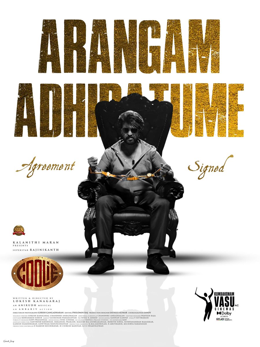 vasutheatre's tweet image. &quot;ARANGAM ADHIRATUME&quot; 
Thalaivar #Superstar #Rajinikanth &apos;s #Coolie AGREEMEMT SIGNED in your VASU DOLBY ATMOS.
Arangam Adhirum celebrations being planned from KUMBAKONAM THALAIVAR FANS. @rajinikanth @sunpictures @anirudhofficial @shrutihaasan