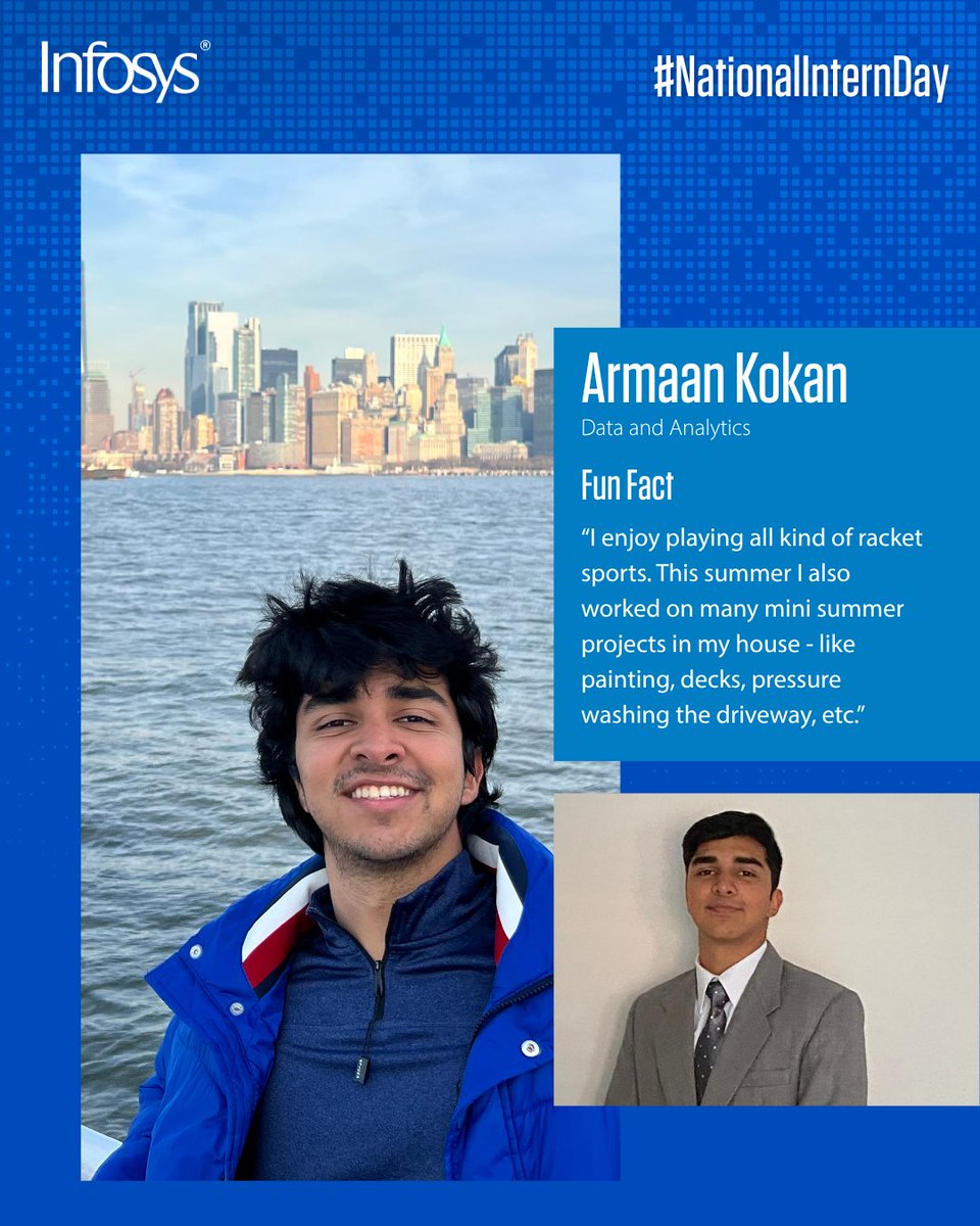 We're celebrating our incredible Infoscion interns all week! 🎉 Say hello to Armaan Kokan, an intern in the Data and Analytics department here at Infosys Americas. 

This summer, Armaan has been building a transportation logistics planning platform from the ground up with an