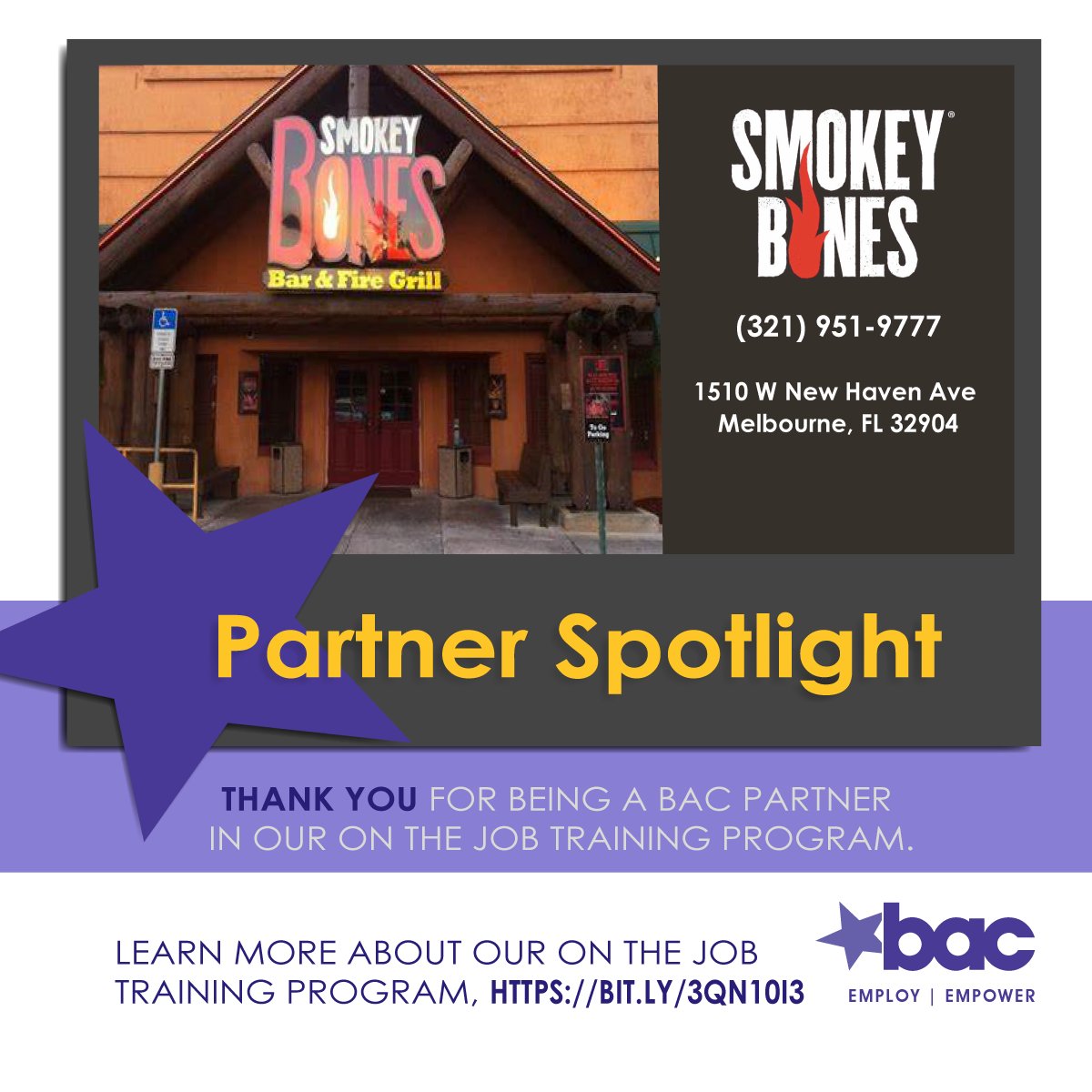 SundayShoutout to our community partner @SmokeyBones Restaurant in Melbourne for the on-the-job training opportunities. 🔥

Learn more about our OJT program: BAC bit.ly/3QN10I3

CommunityPartnerships
#PowerOfBAC
#EmployEmpower
#OnTheJobTraining