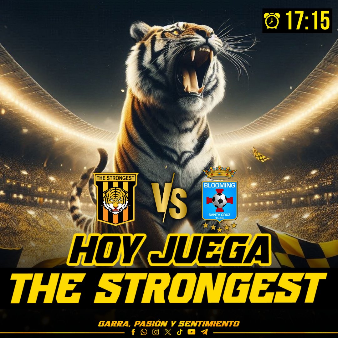 ⚫🟡 ¡HOY JUEGA EL TIGRE! 🟡⚫ 

#TheStrongest 🆚 #Blooming 
🗓️ Domingo, 3 de agosto
🕒 17:15
🏟 Estadio Hernando Siles 
📺 ENTEL