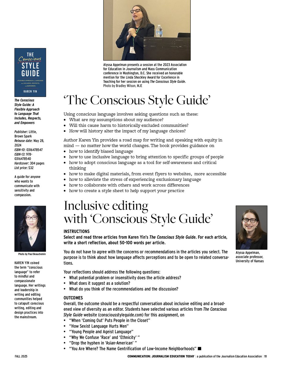 Alyssa Appelman developed a classroom exercise to help students learn to use Karen Yin’s 'The Conscious Style Guide.' @Aappelman @aejmcs @aejmc @kujournalism Look for the exercise in JEA's magazine soon.