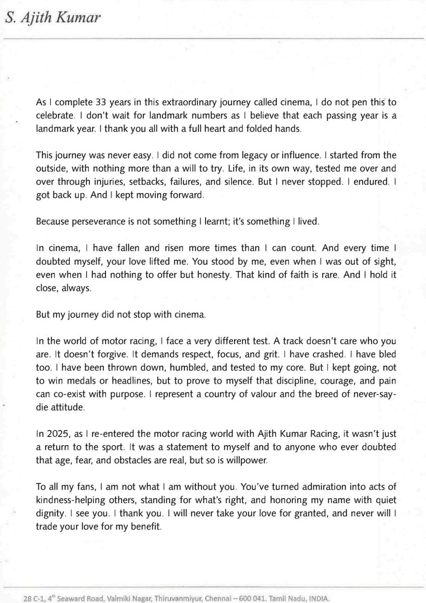 ThalaAjith_FC's tweet photo. [IT’S OFFICIAL] 🚨 

THALA #AjithKumar Sir Thanks Giving Note For His 33rd Year In The Film Industry! 📝 ⭐️ 

#33YearsOfAJITHISM | #AK64 https://t.co/C2NWKDeLjk