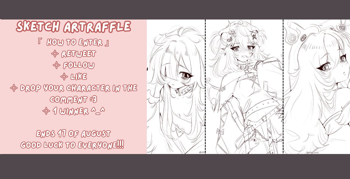 「 𐙚 ART RAFFLE 𐙚」

✧ Retweet-Like-Follow (new followers are welcome!)
✧ Drop your character in the comment :3 
✧ 1 winner ૮ ˶ᵔ ᵕ ᵔ˶ ა

ENDS 17 of August 
Good luck to everyone!!!🍀
#artraffle #Giveaway #sketchart #rkgk