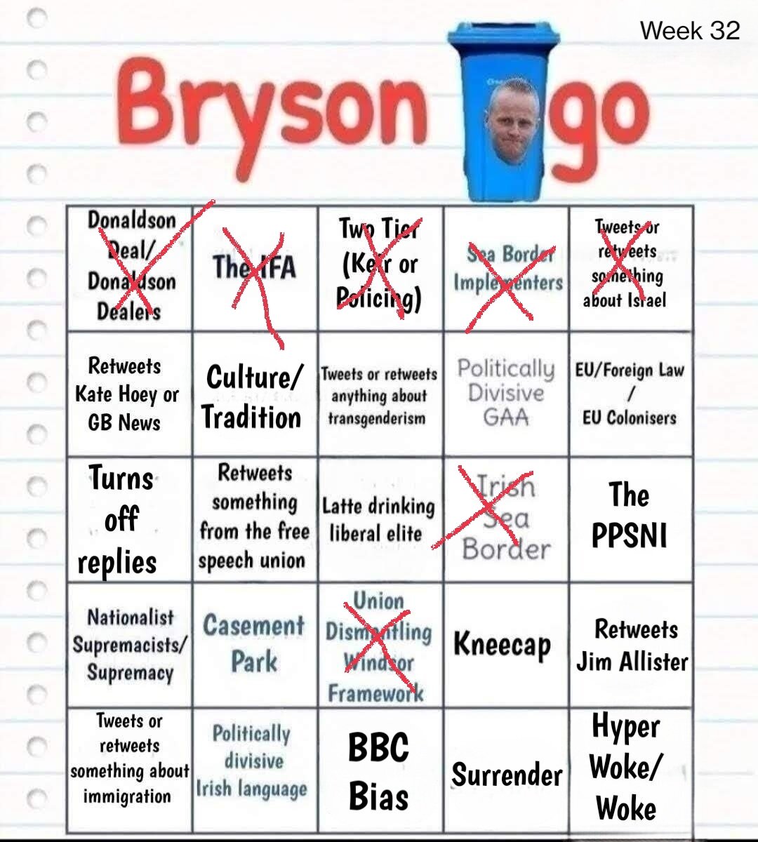 pwalshnow's tweet photo. "Demonstrable lies" from the bloke accused of lying under oath at his trial for his own attempt to dismantle the union, lol.
Anyhoo, just the one winning line last week with no mention of milky coffee, Casement Park or hyper woke nonsense.
#NewWeekNewGame
#BrysonBingo https://t.co/Nn6BGjVB0v