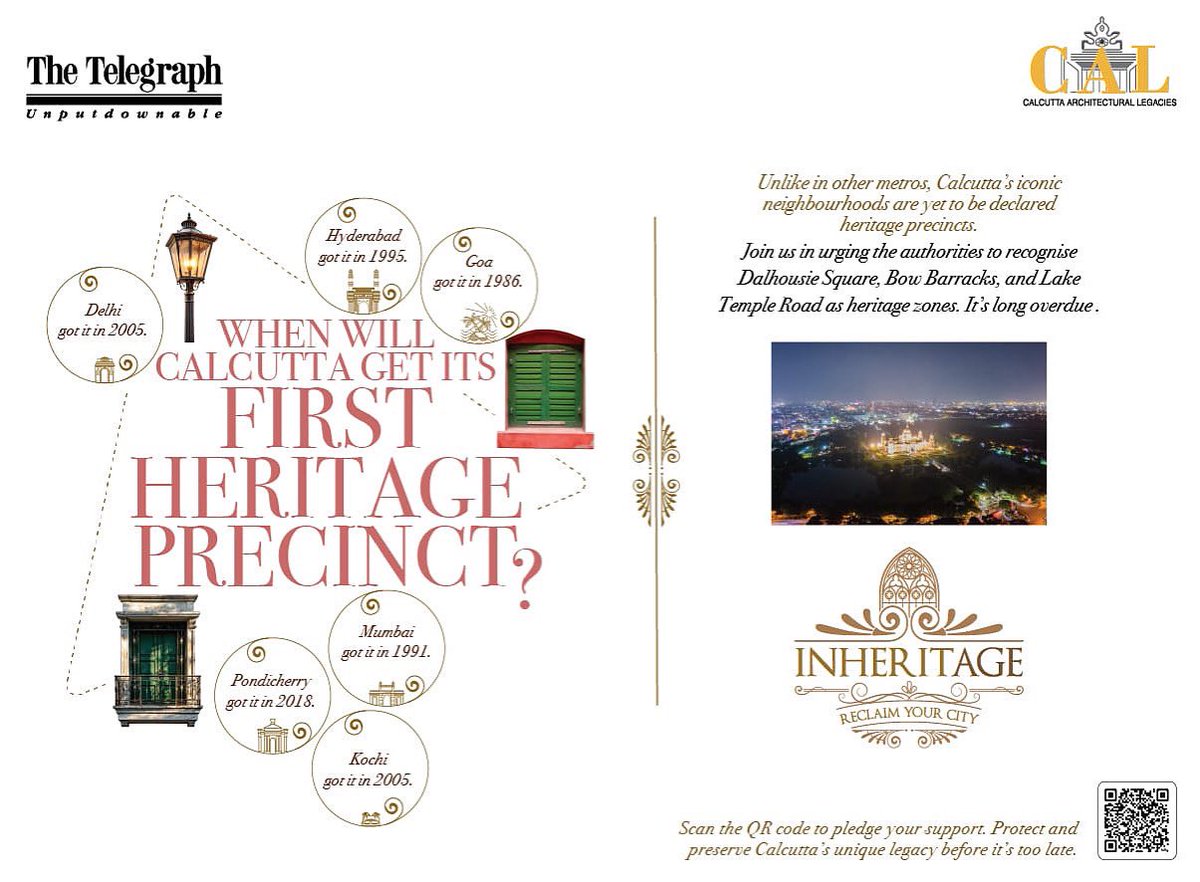 This message appeared in this morning’s Telegraph as part of an ongoing campaign by Calcutta Architectural Legacies and <a href="/ttindia/">The Telegraph</a> for heritage precincts in Calcutta. If you think Calcutta neighbourhoods need protection, please scan the QR code or sign here: t2online.in/inheritage-cal