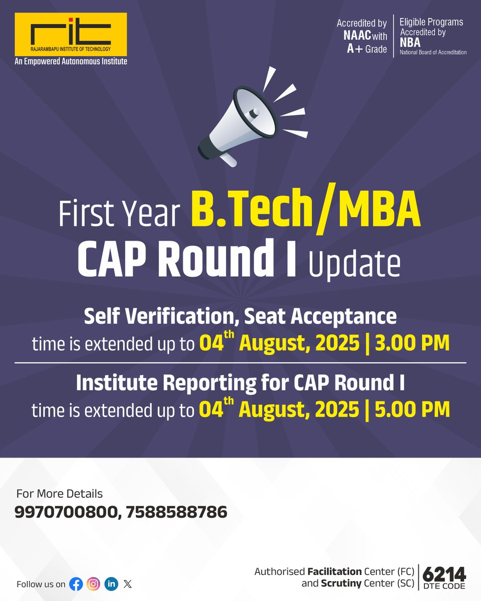 ritindia1983's tweet image. 📢 Important Update for First Year B.Tech &amp;amp; MBA Admissions!
🔹 Self-Verification &amp;amp; Seat Acceptance extended till 4th August 2025, 3:00 PM
🔹 Institute Reporting for CAP Round I extended till 4th August 2025, 5:00 PM
#CAPRound2025 #BTechAdmissions