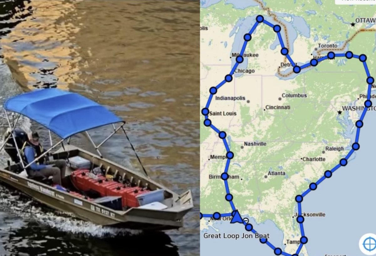 On July 31st, 71-year-old, Robert Youens, Completed the  Great Loop in 19 days, 13 hours, and 1-minute.

He used a 16ft Jon boat and a 60HP Tohatsu hand tiller motor.

The 'Great Loop' is a 6,000-mile journey through rivers, lakes, canals, and open oceans.