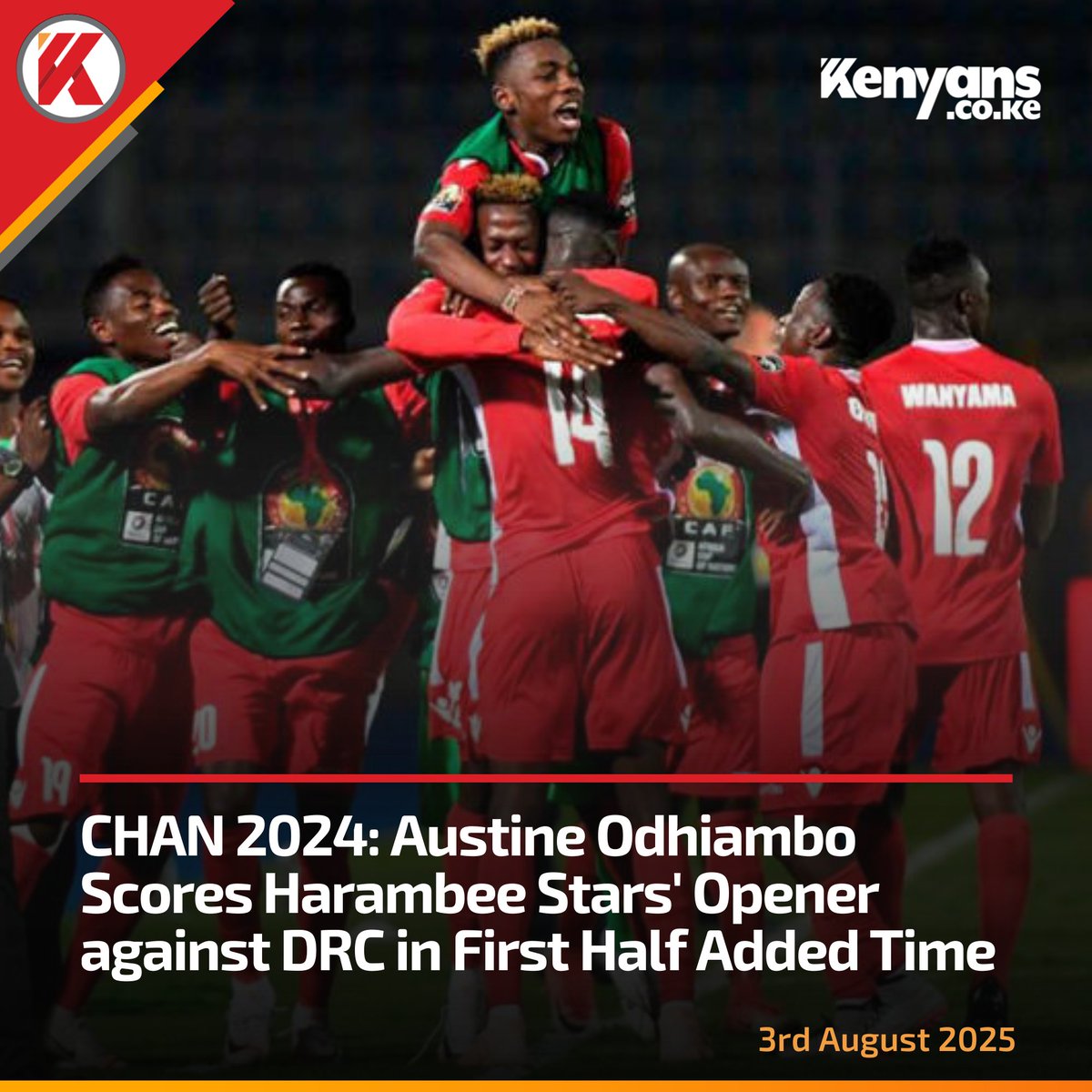 Kenyans's tweet photo. CHAN 2024: Austine Odhiambo scores Harambee Stars' opener against DRC https://t.co/KbxEUhpXcl
