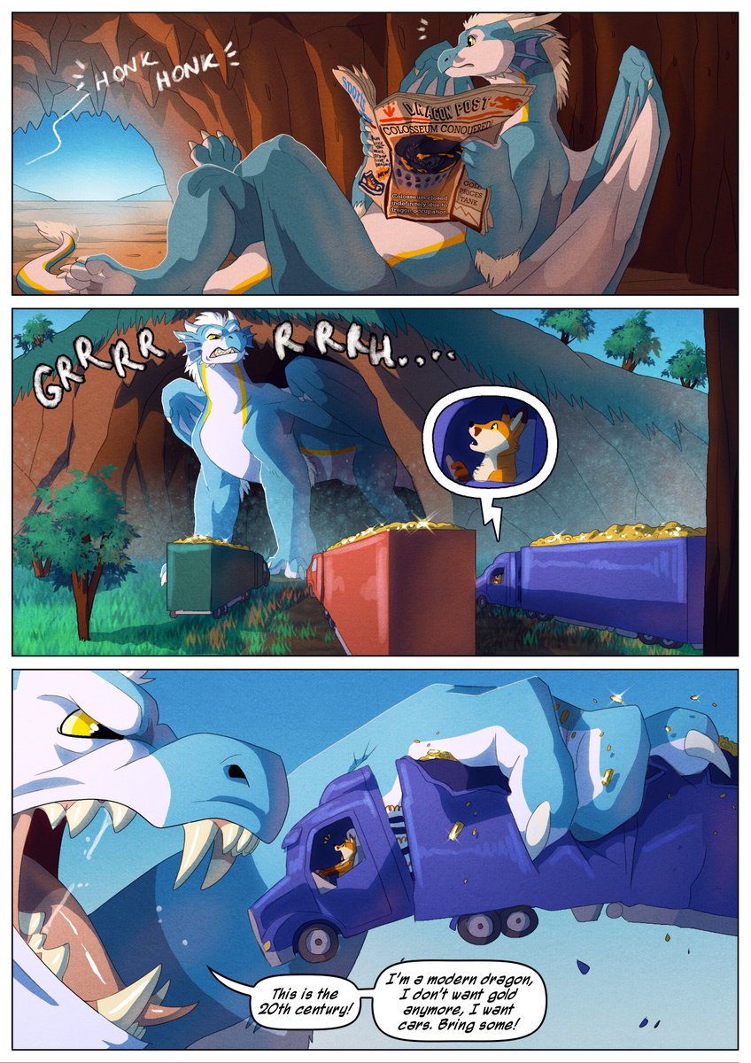 (1 / 4) Just another day in Draxi's Modern Life. 😆 

Dragons require constant tribute, but the tinies made a grave mistake. You see, Draxi is a modern  dragon and he doesn't want gold, but CARS! 🚗🚗
Thank you so much Arven for this super wholesome comic! ❤️
🎨 <a href="/Panthera_Arven/">Panthera Arven 🔜🇩🇪 EUROFURENCE Dealer's Den</a>