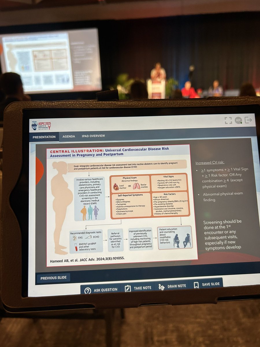 Dr. Isiadenso talks prevention during &amp; after reproduction 
✨pregnancy = stress test 
✨black &amp; Asian women have ⬆️ proportion of adverse pregnancy outcomes (Apo)
✨Hx of APO = risk enhancer for CVD 
✨ACOG - low-dose ASA ⬇️ risk preeclampsia 
Very informative! 
<a href="/ASPCardio/">ASPC</a>