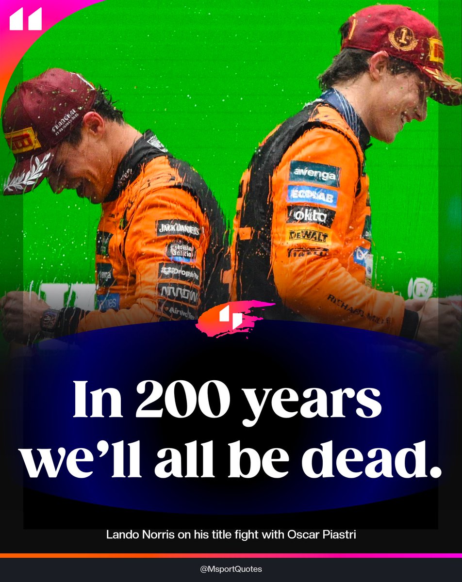 🚨 Lando Norris on his title fight with Oscar Piastri:

“In 200 years no one is going to care. We’ll all be dead. I still care and that’s why I get upset sometimes, but that doesn’t mean I need to take it out on Oscar.”

💀🔥

(via <a href="/autosport/">Autosport</a>)