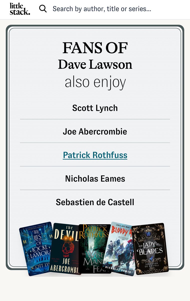 Dave Lawson—The Envoys of War-Out Now! (@dlawsonauthor) on Twitter photo From Little Stack.
I’ll take it, though I’m not sure my work is too similar to Rothfuss! 😂 From Little Stack.
I’ll take it, though I’m not sure my work is too similar to Rothfuss! 😂