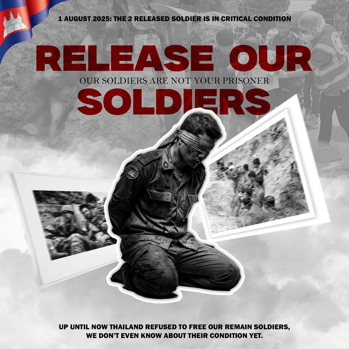 Thailand has tortured 2 of our soldiers with clear evidence due to their conditions after being released.

18 remain captured, we need them out right now! 

#KhmerOneVoice
#ReleaseCambodianSoldiers