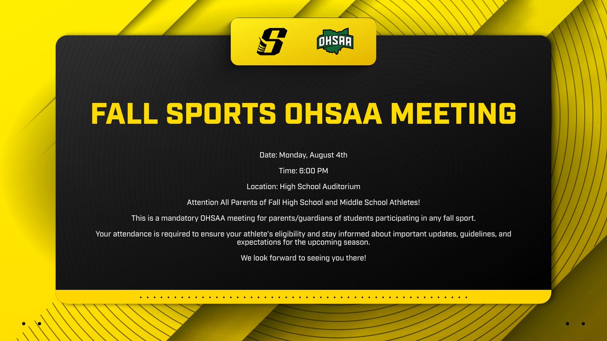 📢 ATTENTION! Fall Sports OHSAA MEETING for all parents of high school and middle school athletes is on Monday, August 4th, at 6 PM in the High School Auditorium. Attendance is mandatory. Ensure your athlete's eligibility and stay informed.